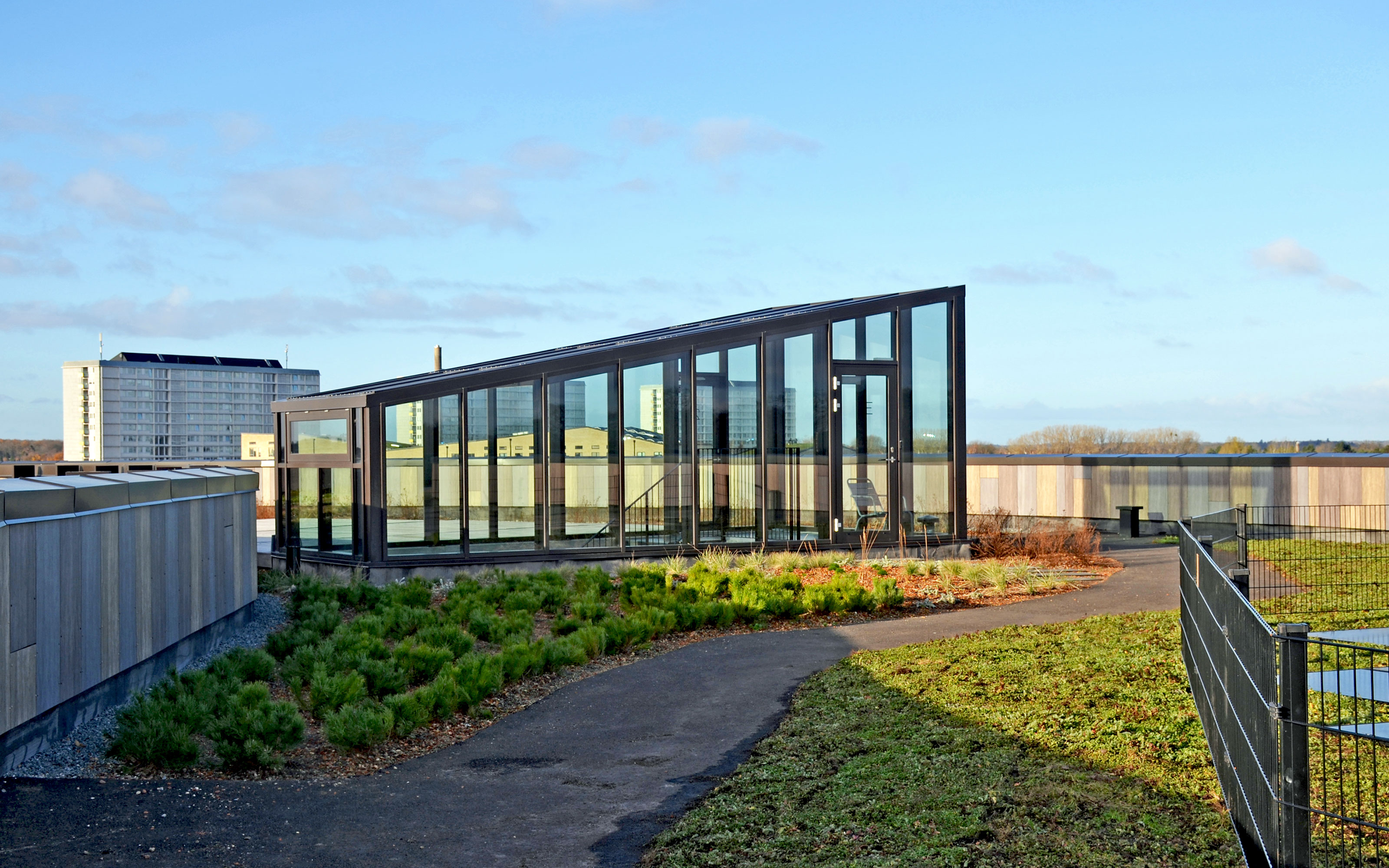 Glazed rooftop access on a green roof